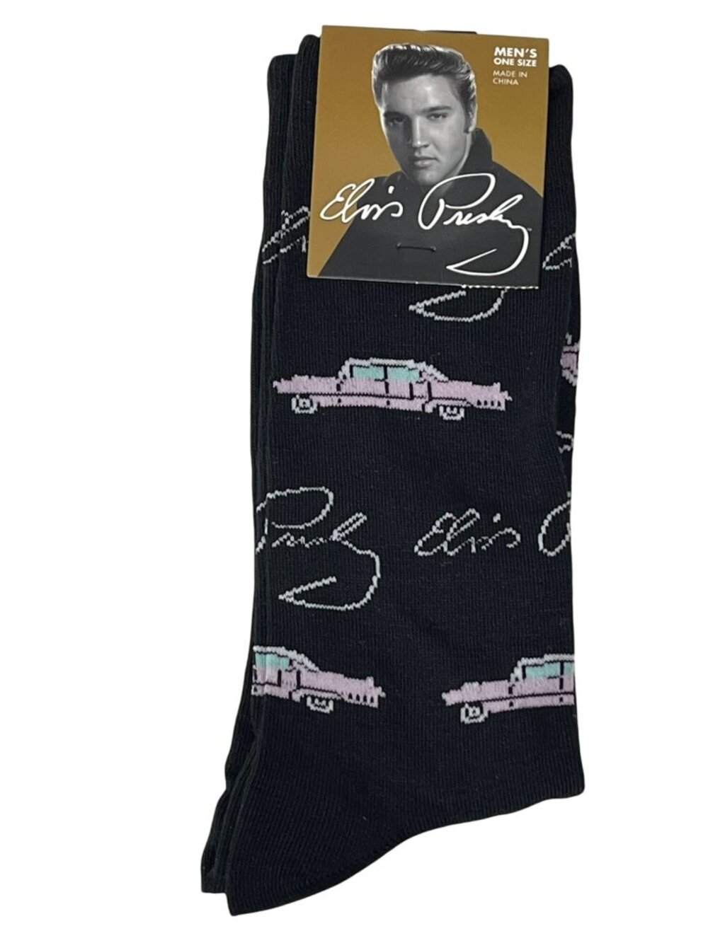 Elvis Presley Men’s Crew Socks Black Pink Cadillac Graphic Music Novelty NWT